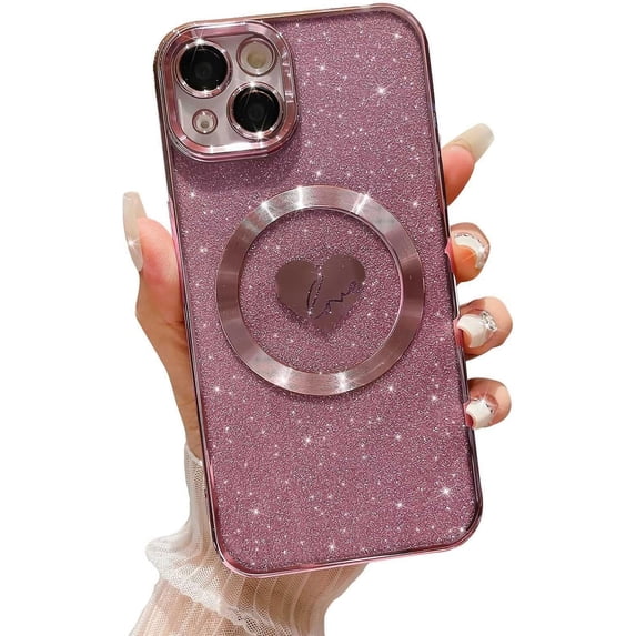 Compatible with iPhone 15 Pro Max 6.7 Inch Case with Magsafe, Plating Heart Glitter Magnetic Case for Women Girl TPU Camera Protection Back Cover for iPhone 15 Pro Max Dark Blue