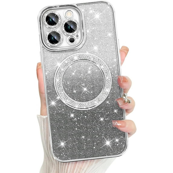 Compatible with iPhone 15 Pro Max 6.7 Inch Case Support for MagSafe, Plating Diamond Glitter Magnetic Case 2* Screen Protector Camera Protection Back Cover for iPhone 15 Pro Max Case -Silver