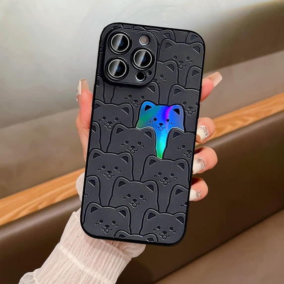 Compatible with iPhone 15 Pro Max 6.7" Phone Case Cute Laser Bear Design Cover Plush Embossed Leather Material Full Lens and Full Body Protection for Women Girls iPhone Case, Black