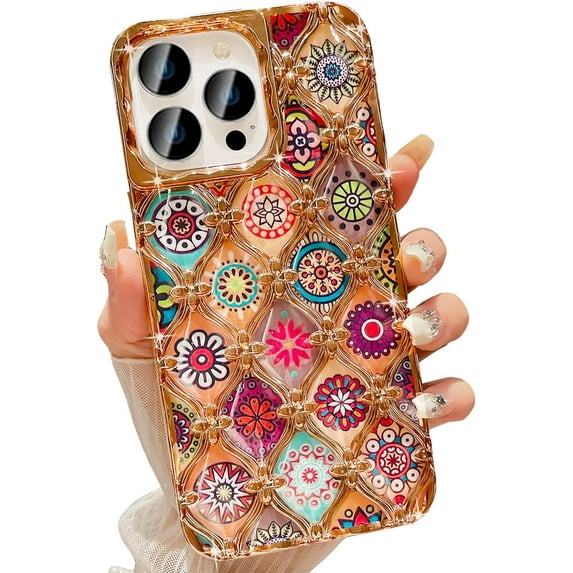 Compatible with iPhone 15 Pro Max 6.7" Phone Case Plating Bling Colorful Mandala Boho Floral Clear Cover Soft TPU Cute Camera Protection Shockproof Back for Women Girls iPhone Case, Blue