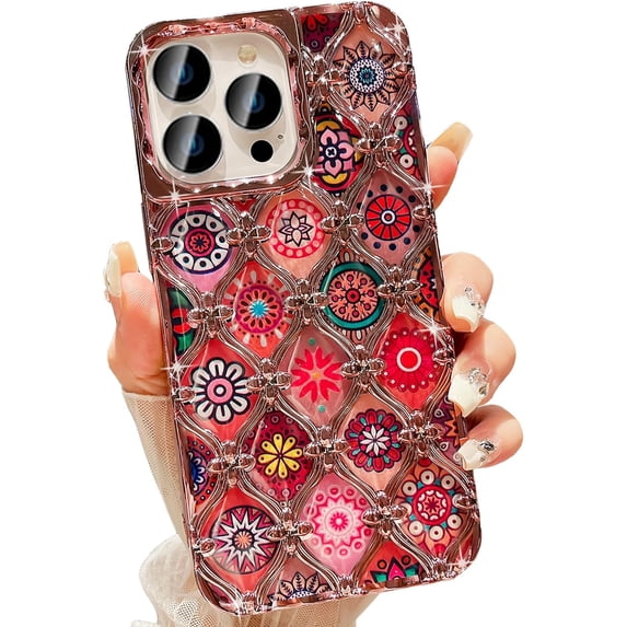 Compatible with iPhone 15 Pro Max 6.7" Phone Case Plating Bling Colorful Mandala Boho Floral Clear Cover Soft TPU Cute Camera Protection Shockproof Back for Women Girls iPhone Case, Blue