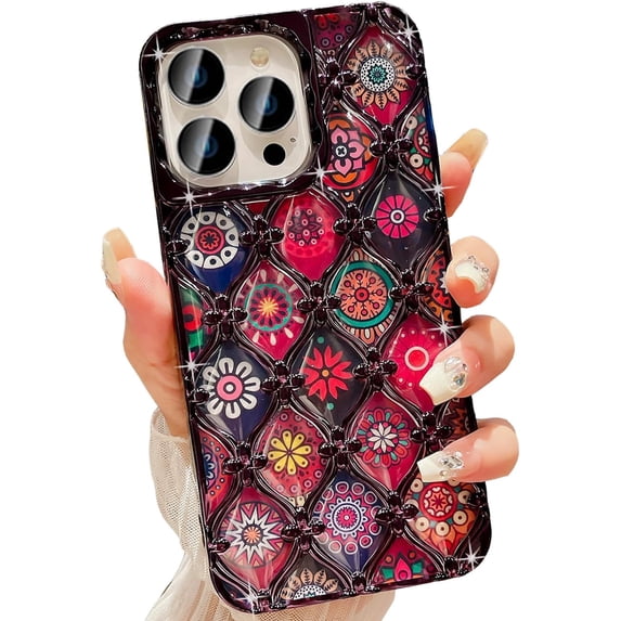 Compatible with iPhone 15 Pro Max 6.7" Phone Case Plating Bling Colorful Mandala Boho Floral Clear Cover Soft TPU Cute Camera Protection Shockproof Back for Women Girls iPhone Case, Blue
