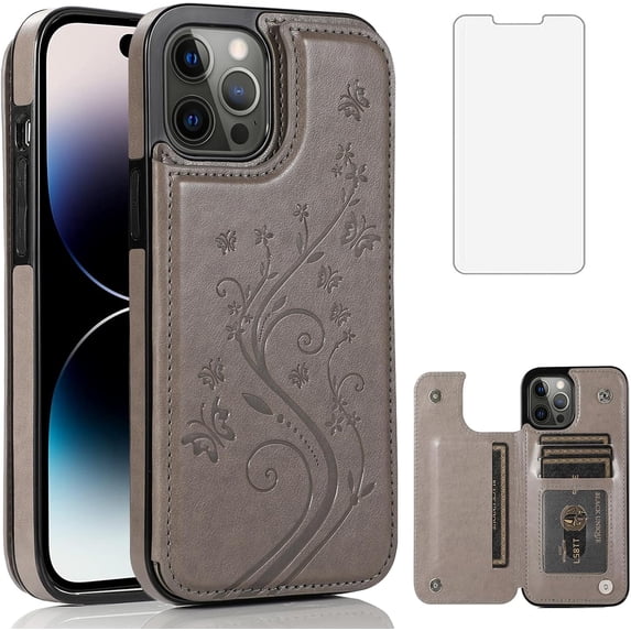 Compatible with iPhone 15 Pro Max 6.7 inch Case with Tempered Glass Screen Protector and Card Holder Wallet Cover Stand Flip Leather iPhone15promax 5G i Phone15Max Plus iPhone15 ProMax Women Men Gray