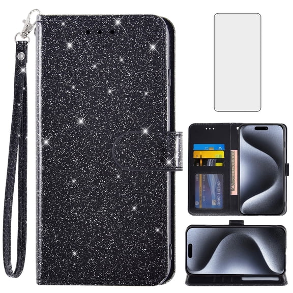 Compatible with iPhone 15 Pro Max 6.7 inch Wallet Phone Case and Tempered Glass Screen Protector Flip Credit Card Holder Stand Bling Glitter Cell Cover for i Phone15 15Pro i15 ProMax 15ProMax Black