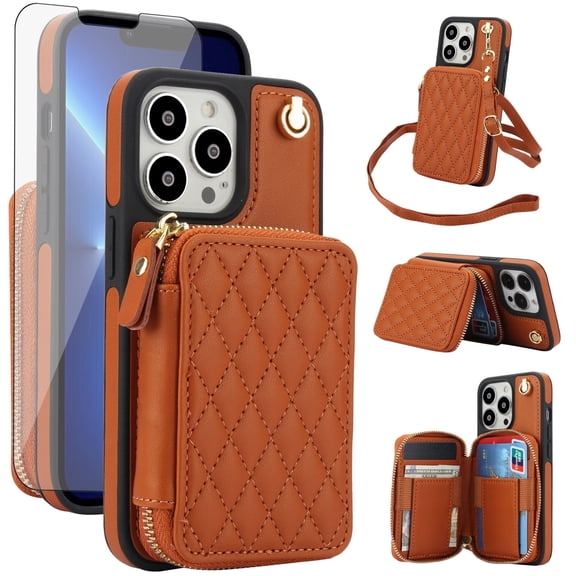 Compatible with iPhone 15 Pro Max 6.7 inch Wallet Phone Case Tempered Glass Screen Protector Wrist Crossbody Strap Stand Credit Card Holder RFID Slot Cell Cover for i Phone15ProMax Women Girls Brown