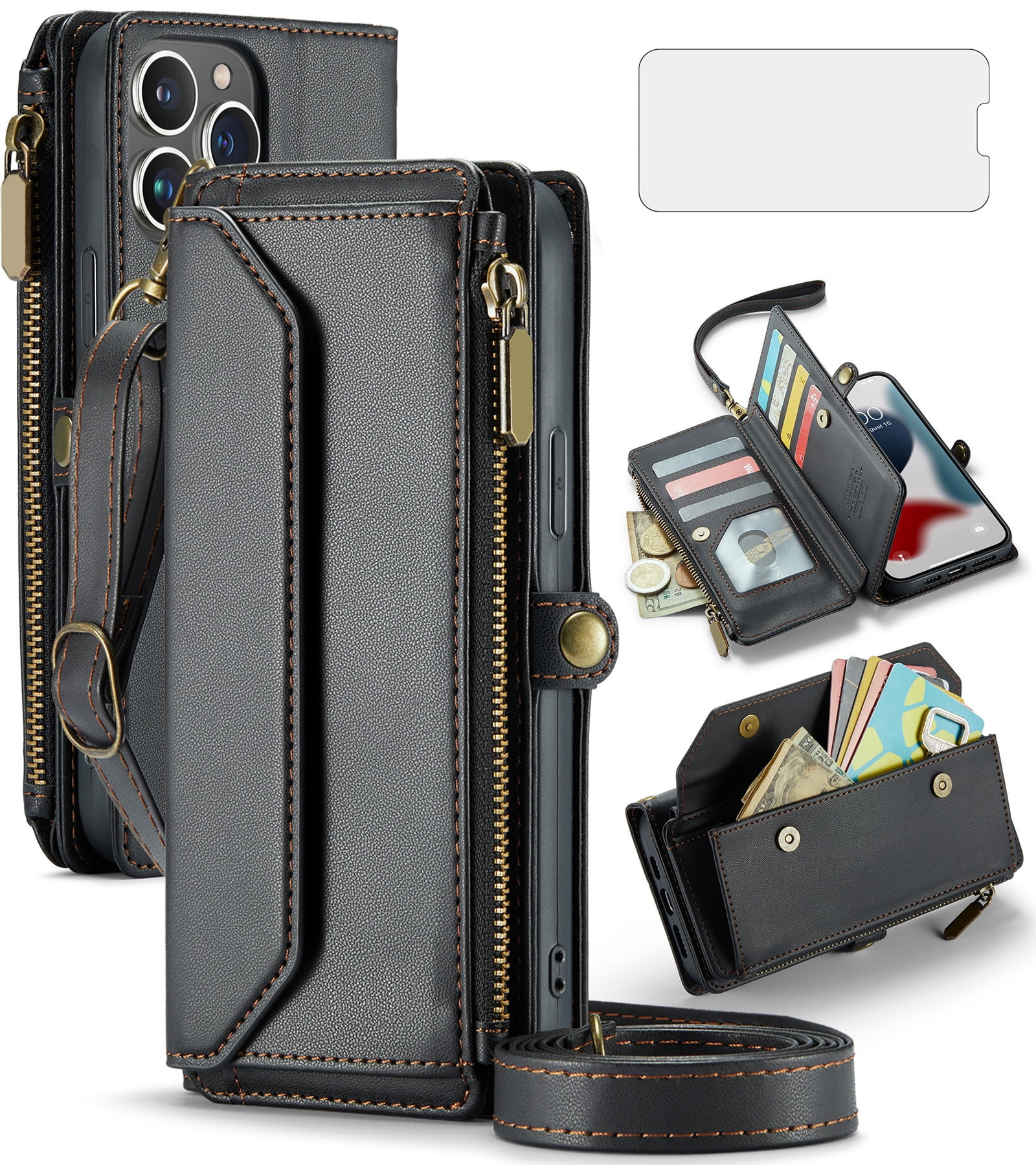 Compatible with iPhone 15 Pro Max 6.7 inch Zipper Wallet Phone Case Tempered Glass Screen Protector Crossbody Lanyard Strap Flip Card Holder Slot Cell Cover for i Phone15 15Pro i15 ProMax Women Black