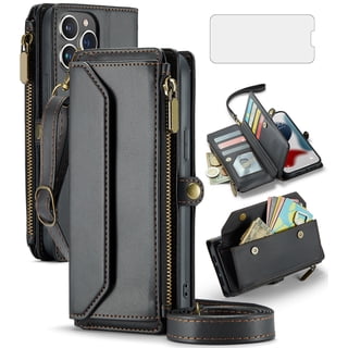 Compatible with iPhone 15 Pro Max 6.7 inch Zipper Wallet Phone Case Tempered Glass Screen Protector Crossbody Lanyard Strap Flip Card Holder Slot Cell Cover for i Phone15 15Pro i15 ProMax Women Black