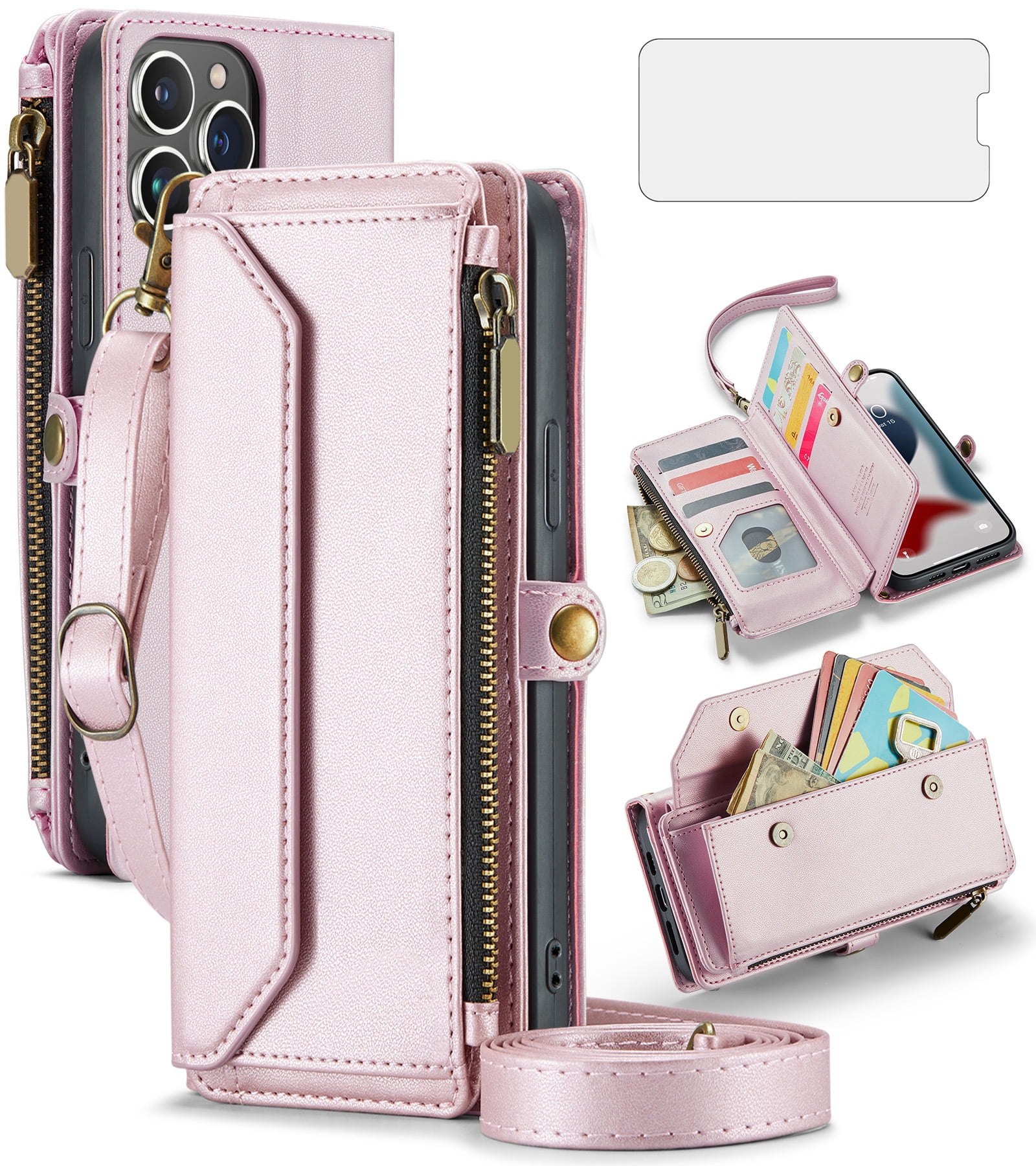 Compatible with iPhone 15 Pro Max 6.7 inch Zipper Wallet Phone Case Tempered Glass Screen Protector Crossbody Lanyard Strap Flip Card Holder Slot Cell Cover for i P15 15Pro i15 ProMax Women Rose Gold