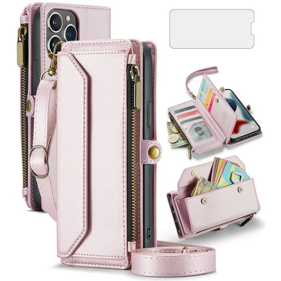 Compatible with iPhone 15 Pro Max 6.7 inch Zipper Wallet Phone Case Tempered Glass Screen Protector Crossbody Lanyard Strap Flip Card Holder Slot Cell Cover for i P15 15Pro i15 ProMax Women Rose Gold