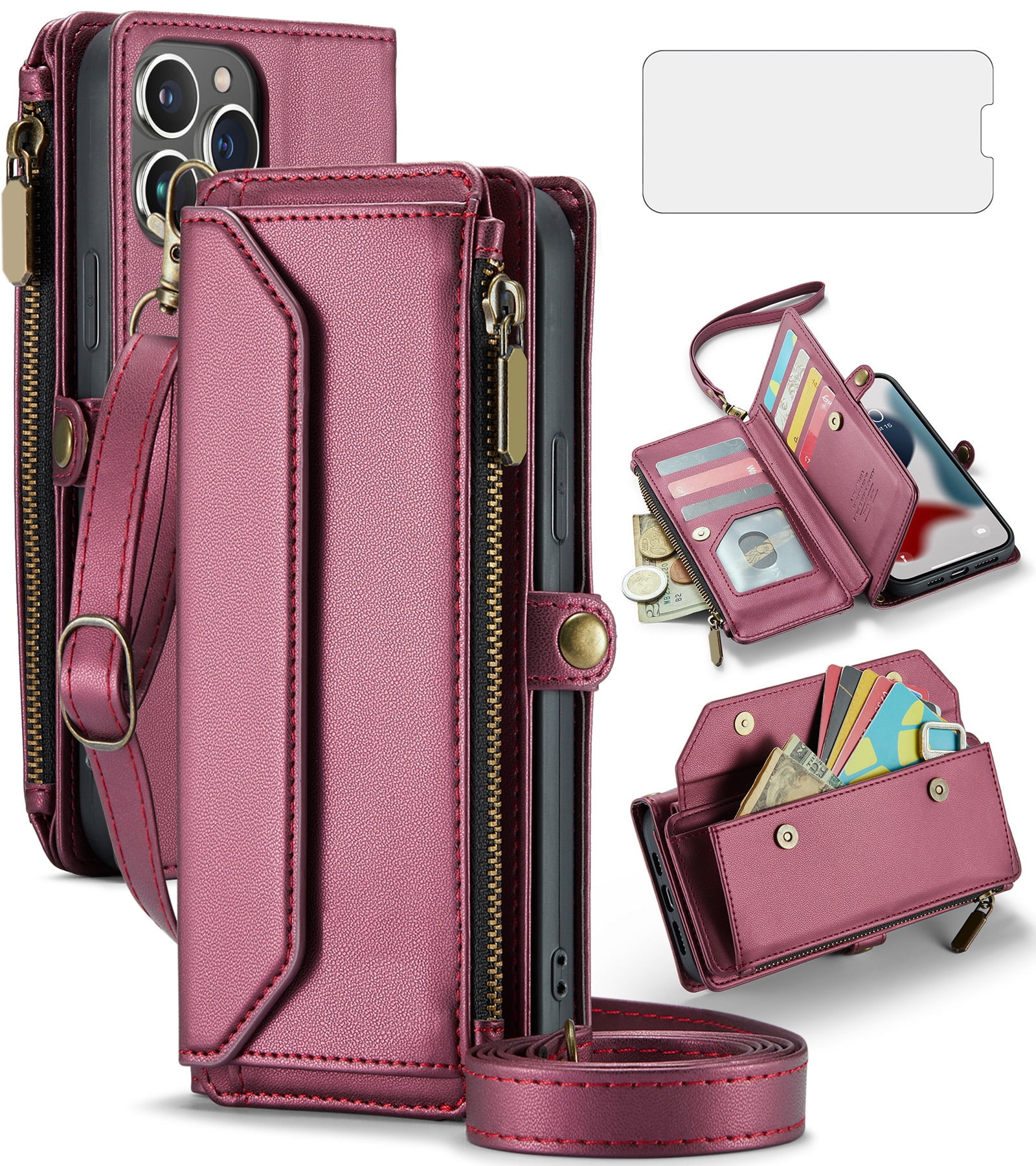 Compatible with iPhone 15 Pro Max 6.7 inch Zipper Wallet Phone Case Tempered Glass Screen Protector Crossbody Lanyard Strap Flip Card Holder Slot Cell Cover for i P15 15Pro i15 ProMax Women Wine Red