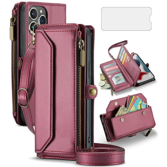 Compatible with iPhone 15 Pro Max 6.7 inch Zipper Wallet Phone Case Tempered Glass Screen Protector Crossbody Lanyard Strap Flip Card Holder Slot Cell Cover for i P15 15Pro i15 ProMax Women Wine Red