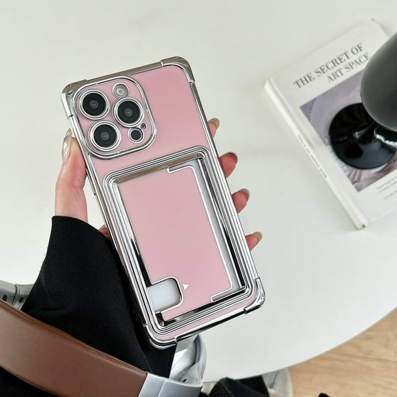 Compatible with iPhone 15 Pro Max Back Case, Luxury Plating Card Slot Soft TPU Shockproof Protective Lightweight Anti-Scratch Silver Frame Cover Phone Case for iPhone 15 Pro Max - Pink