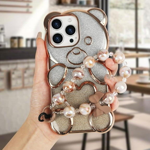 Compatible with iPhone 15 Pro Max Bling Case Cute Bear Shape Clear Case Detachable Gradient Glitter Paper with Beaded Bracelet Chain for Women Girls Soft TPU Electroplated Phone Cover, Gold