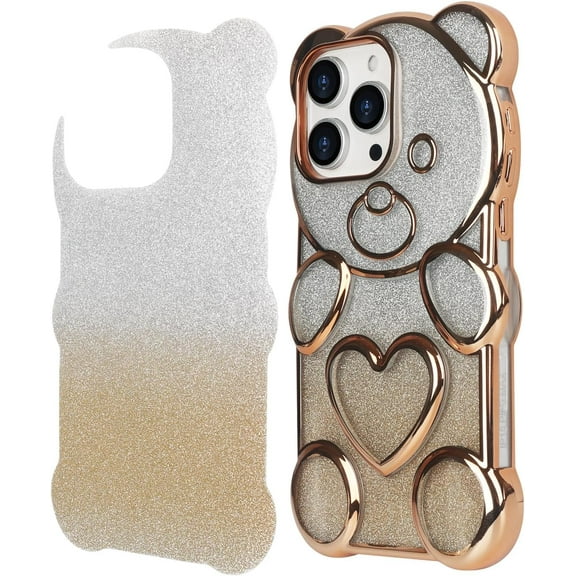 Compatible with iPhone 15 Pro Max Bling Case Cute Bear Shape Clear Case Detachable Gradient Glitter Paper Women Girls Soft TPU Electroplated Phone Cover, Gold
