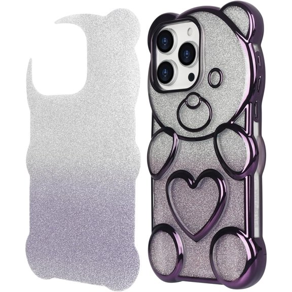 Compatible with iPhone 15 Pro Max Bling Case Cute Bear Shape Clear Case Detachable Gradient Glitter Paper Women Girls Soft TPU Electroplated Phone Cover, Purple