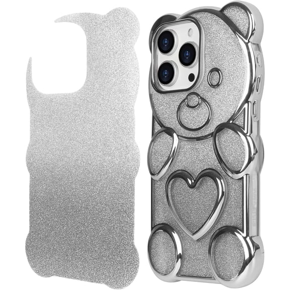 Compatible with iPhone 15 Pro Max Bling Case Cute Bear Shape Clear Case Detachable Gradient Glitter Paper Women Girls Soft TPU Electroplated Phone Cover, Silver