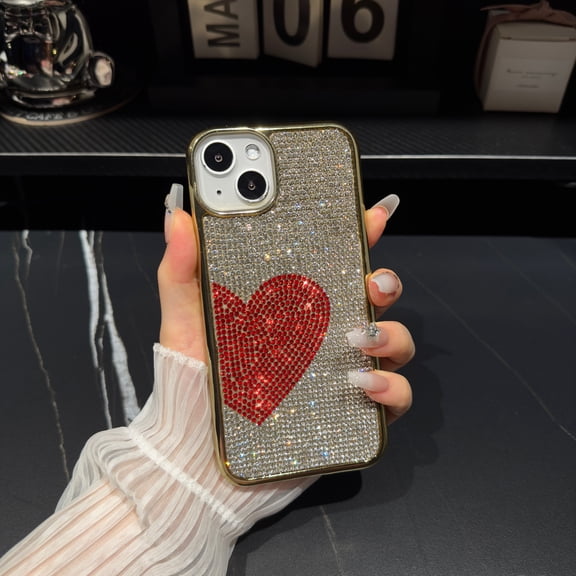 Compatible with iPhone 15 Pro Max Bling Case, Glitter Full Diamond Rhinestone Sparkle Loving Heart Case for Women Girls Girly Aesthetic Luxury Shiny Crystal Slim Soft Bumper Phone Cover, D