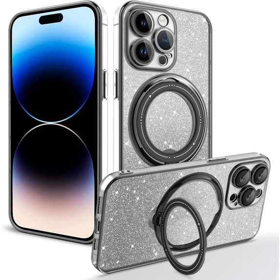 Compatible with iPhone 15 Pro Max Bling Case with Invisible Ring Holder Kickstand, Compatible with Magsafe, Military Grade Slim Phone Cover Magnetic Case Shockproof Protective Case Cover Black