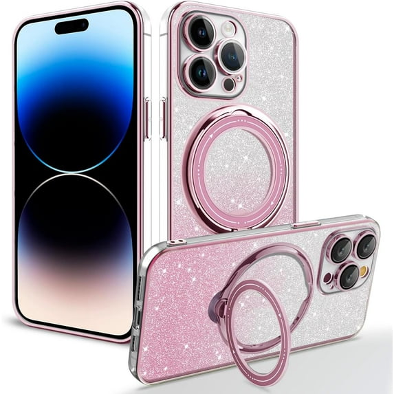 Compatible with iPhone 15 Pro Max Bling Case with Invisible Ring Holder Kickstand, Compatible with Magsafe, Military Grade Slim Phone Cover Magnetic Case Shockproof Protective Case Cover Pink
