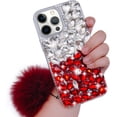 thumbnail image 1 of Compatible with iPhone 15 Pro Max Bling Case Luxury 3D Sparkle Diamond Crystal Rhinestones for Women Girls Glitter Case with Cute Plush Furry Ball Pendant Shockproof Protective Cover, Red, 1 of 7