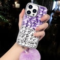 thumbnail image 1 of Compatible with iPhone 15 Pro Max Bling Case Luxury 3D Sparkle Diamond Crystal Rhinestones for Women Girls Glitter Case with Cute Plush Furry Ball Pendant Shockproof Protective Cover, Purple, 1 of 13