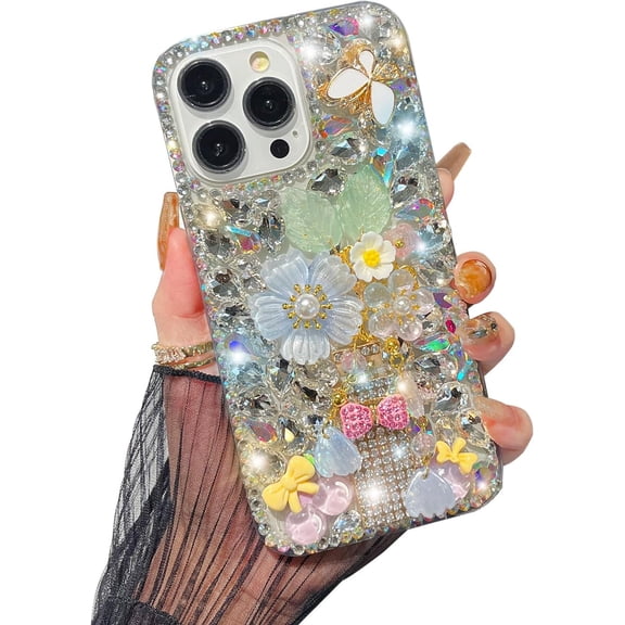 Compatible with iPhone 15 Pro Max Bling Case, Luxury Glitter Rhinestone Diamond Crystal Sparkle Rose Flower Pearl Floral Perfume Bottle Bow Soft Bumper Protective Case Cover for Women Girls