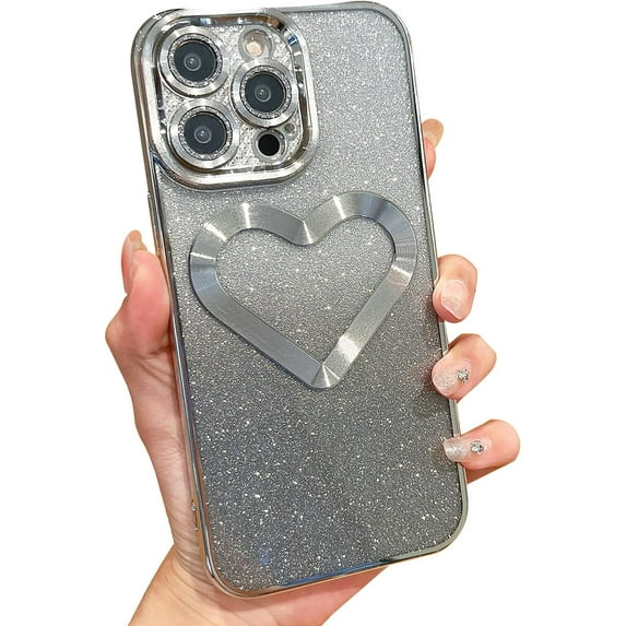 Compatible with iPhone 15 Pro Max Bling Case Shiny Love Heart Glitter Diamond Full Camera Lens Protection Electroplated Edge Bumper Luxury Fashion Shockproof Cover for Women Girls