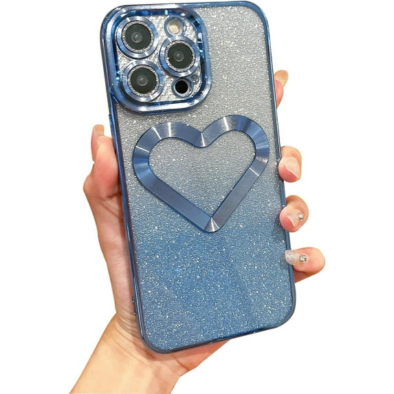 Compatible with iPhone 15 Pro Max Bling Case Shiny Love Heart Glitter Diamond Full Camera Lens Protection Electroplated Edge Bumper Luxury Fashion Shockproof Cover for Women Girls