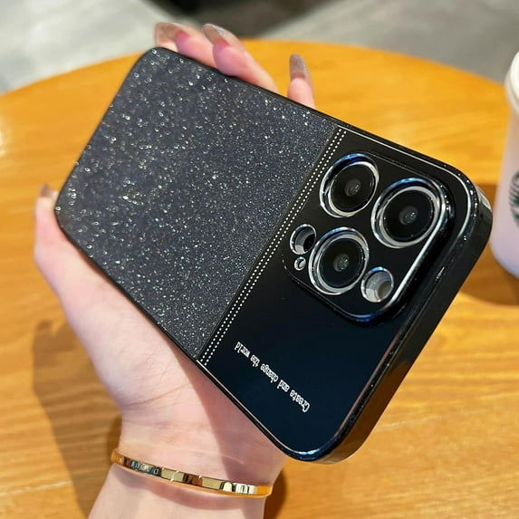 Compatible with iPhone 15 Pro Max Bling Case Sparkling Glitter Metal Wire Drawing Glossy Slim Thin Lightweight Fashion Lens Protection Shockproof Cover for Women Girls