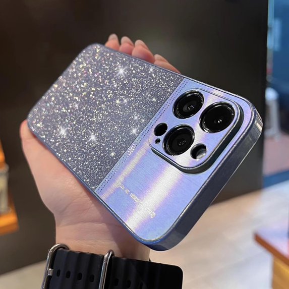 Compatible with iPhone 15 Pro Max Bling Case Sparkling Glitter Metal Wire Drawing Glossy Slim Thin Lightweight Fashion Lens Protection Shockproof Cover for Women Girls