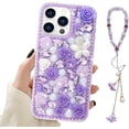 thumbnail image 1 of Compatible with iPhone 15 Pro Max Bling Case with Strap, Luxury Glitter Rhinestone Diamond Crystal Sparkle Rose Flower Pearl Floral Bracelets Soft Bumper Case Cover for Women Girls Purple, 1 of 14