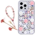 thumbnail image 1 of Compatible with iPhone 15 Pro Max Bling Case with Strap, Luxury Glitter Rhinestone Diamond Crystal Sparkle Rose Flower Pearl Floral Bracelets Soft Bumper Case Cover for Women Girls White Pink, 1 of 14