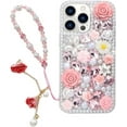 thumbnail image 1 of Compatible with iPhone 15 Pro Max Bling Case with Strap, Luxury Glitter Rhinestone Diamond Crystal Sparkle Rose Flower Pearl Floral Bracelets Soft Bumper Case Cover for Women Girls Pink, 1 of 14