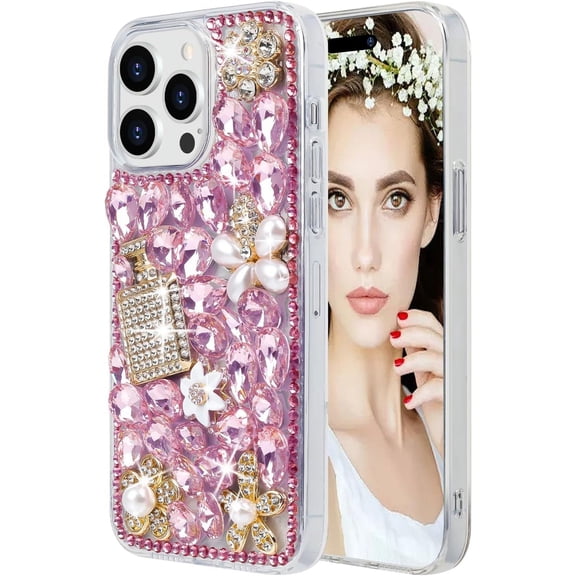 Compatible with iPhone 15 Pro Max Bling Case for Women Girls Cute Glitter Diamond Case Luxury Sparkle Rhinestone Shiny 3D Perfume Bottle and Flower Phone Case for iPhone 15 Pro Max, Pink