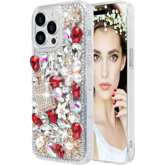 Compatible with iPhone 15 Pro Max Bling Case for Women and Girls Cute Luxury 3D Glitter Diamond Crystal Rhinestone Sparkle Shiny Gemstone Perfume Bottle and Flower Cover Soft TPU Bumper, Red