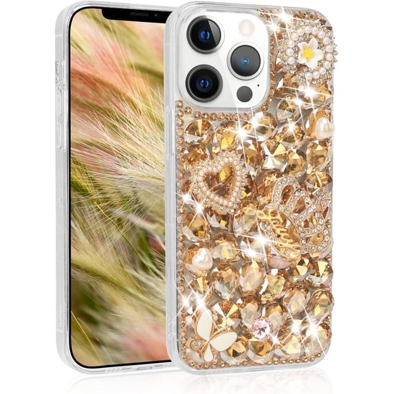 Compatible with iPhone 15 Pro Max Bling Diamond Case Fashion Luxury Glitter Shiny Crystal Rhinestones Case Sparkling 3D Heart Crown Flower and Butterfly Gemstone Case for Women and Girls, Gold