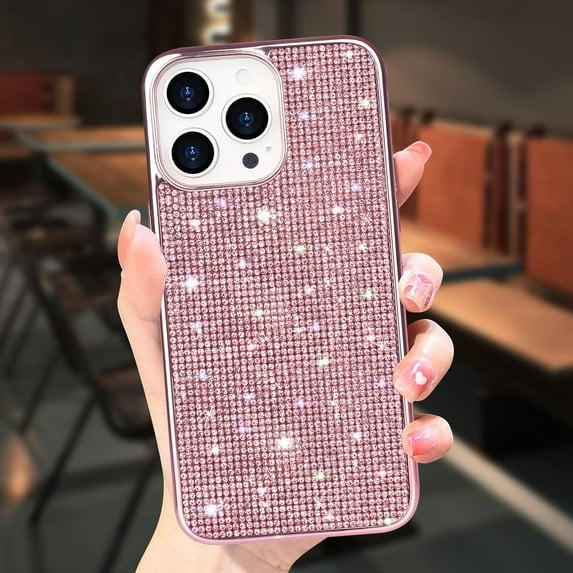 Compatible with iPhone 15 Pro Max Bling Diamond Case Glitter for Women 3D Rhinestone Crystal Shiny Sparkly Protective Cover with Electroplate Plating Bumper Luxury Fashion Case Pink