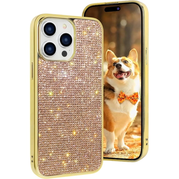 Compatible with iPhone 15 Pro Max Bling Diamond Case Glitter for Women 3D Rhinestone Crystal Shiny Sparkly Protective Cover with Electroplate Plating Bumper Luxury Fashion Case Rose Gold