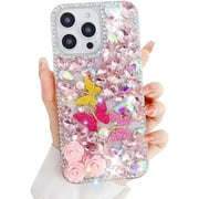 Compatible with iPhone 15 Pro Max Bling Glitter Case,Luxury Bling Diamond Rhinestone Gemstone 3D Butterfly and Rose Flower Gemstone Soft TPU Back Cover Case for Women Girls with iPhone 15 Pro Max
