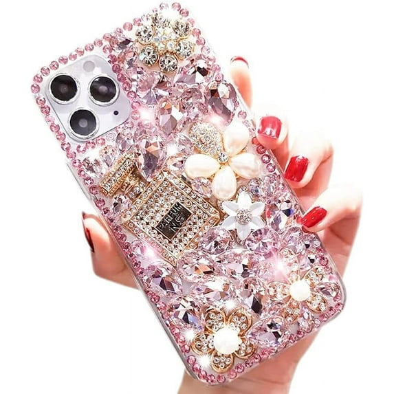 Compatible with iPhone 15 Pro Max Bling Glitter Case,Luxury Bling Diamond Rhinestone Gemstone 3D Perfume Bottle and Flower Gemstone Soft TPU Back Cover Case for Women Girls with iPhone 15 Pro Max 6.7"