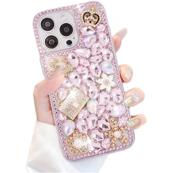Compatible with iPhone 15 Pro Max Bling Glitter Case,Luxury Diamond Rhinestone Gemstone 3D Crown Handbag and Flower Gemstone Soft TPU Back Cover Case for Women Girls with iPhone 15 Pro Max