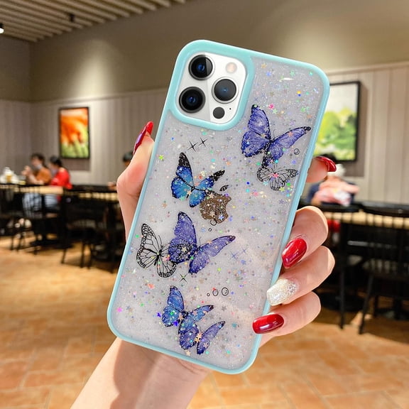 Compatible with iPhone 15 Pro Max Butterfly Case Cute Bling Glitter Stars Transparent Clear Design Girly Women Girls Soft TPU Lens Protection Luxury Shockproof Shockproof Cover, Blue