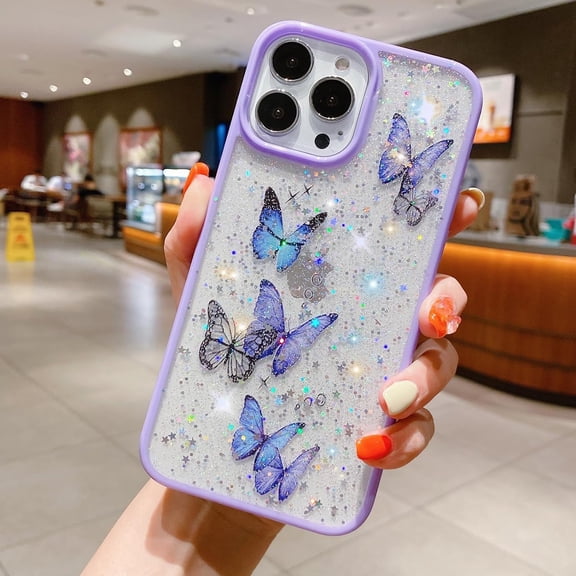 Compatible with iPhone 15 Pro Max Butterfly Case Cute Bling Glitter Stars Transparent Clear Design Girly Women Girls Soft TPU Lens Protection Luxury Shockproof Shockproof Cover, Purple