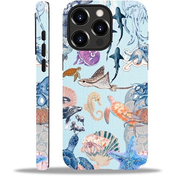 Compatible with iPhone 15 Pro Max Case, 2-in-1 Design Back Pattern Cover Shock Absorption Soft TPU Bumper Frame Protective Case for iPhone 15 Pro Max for Women 6.7inch-Sea Turtle Starfish
