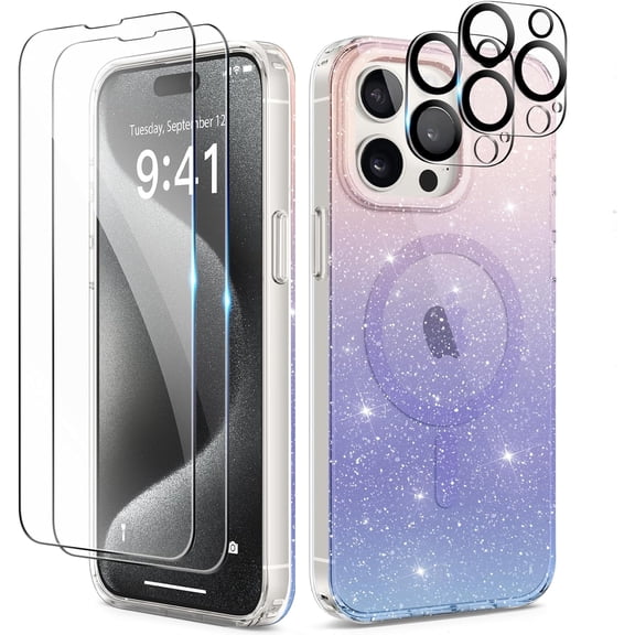 Compatible with iPhone 15 Pro Max Case, [5 in 1] with 2X Screen Protector + 2X Camera Lens Protector, [Compatible with Magsafe] Bling Shockproof Slim Phone Case 6.7 Inch, Gradient