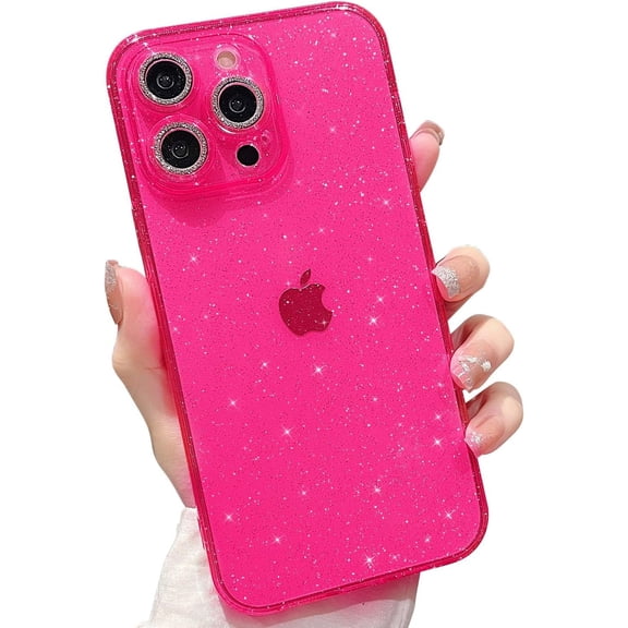 Compatible with iPhone 15 Pro Max Case 6.7 inch, Cute Neon Bright Color with Bling Glitter Diamond Camera Protector, Clear Crystal Case Shockproof Sparkle Len for Women Girls-Hot Pink