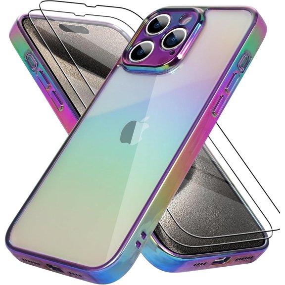 Compatible with iPhone 15 Pro Max Case Bling Laser Florescent Iridescent Crystal Luxury Case Camera Protector + 2* Screen Protector Shockproof Edge Cover Screen Protector Case -Purple