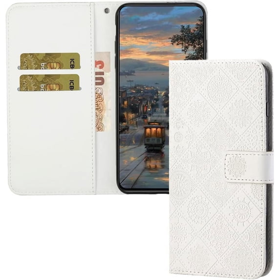 Compatible with iPhone 15 Pro Max Case with Card Holder Leather Flip Folio Case Retro Embossing with Kickstand Magnetic Protective Cover Wallet Case for iPhone 15 Pro Max 6.7 inch White XCM