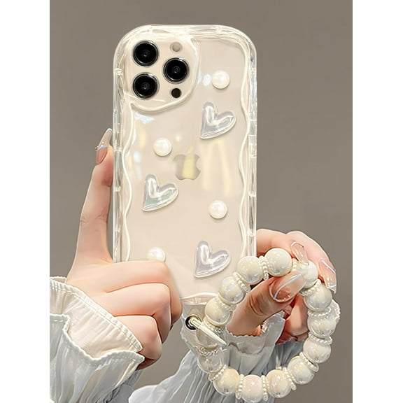 Compatible with iPhone 15 Pro Max Case Clear Cute 3D Pearl Glitter Love Heart with Pearl Bracelet Chain Design for Girls Women Kawaii Shockproof Protective Case