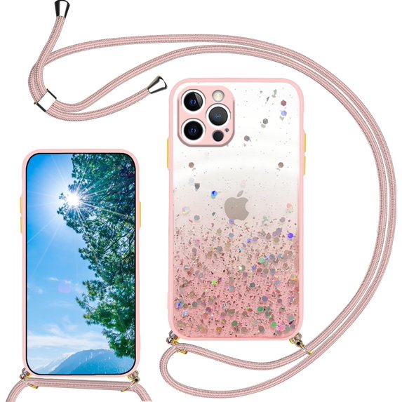 Compatible with iPhone 15 Pro Max Case Clear Cute Giltter iPhone 15 Pro Max Phone Case for Women Girls Transparent TPU Bumper Cases with Lanyard Strap (Pink)